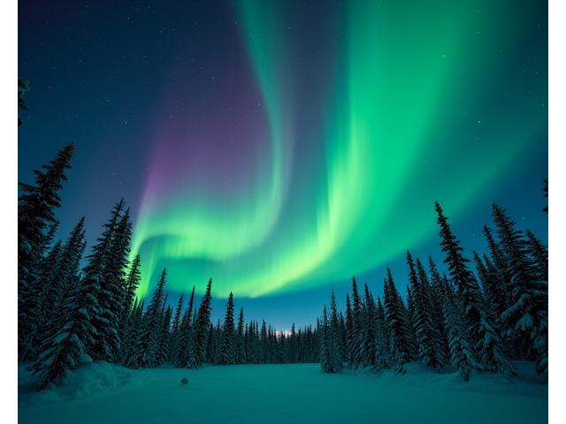 Vibrant Northern Lights dancing over a snowy forest in Yukon