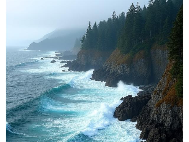 Dramatic coastline of Vancouver Island with waves crashing against cliffs